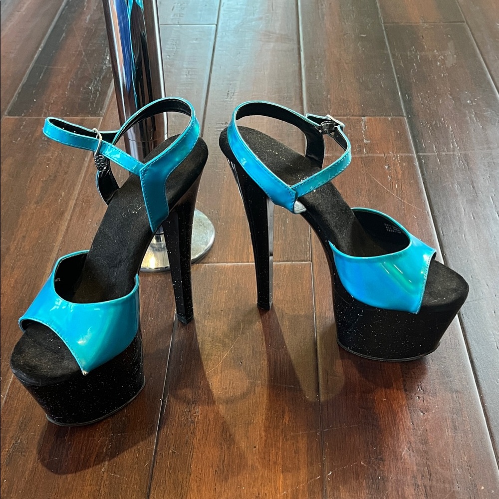 Pleaser turquoise and black 7 inch heels, size 8